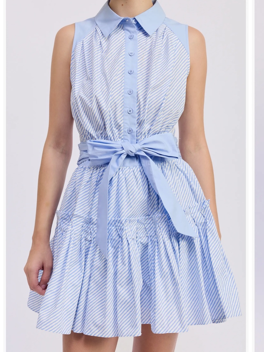 Sleeveless Light Blue Striped Tie-Waist Dress - Picture 4 of 5